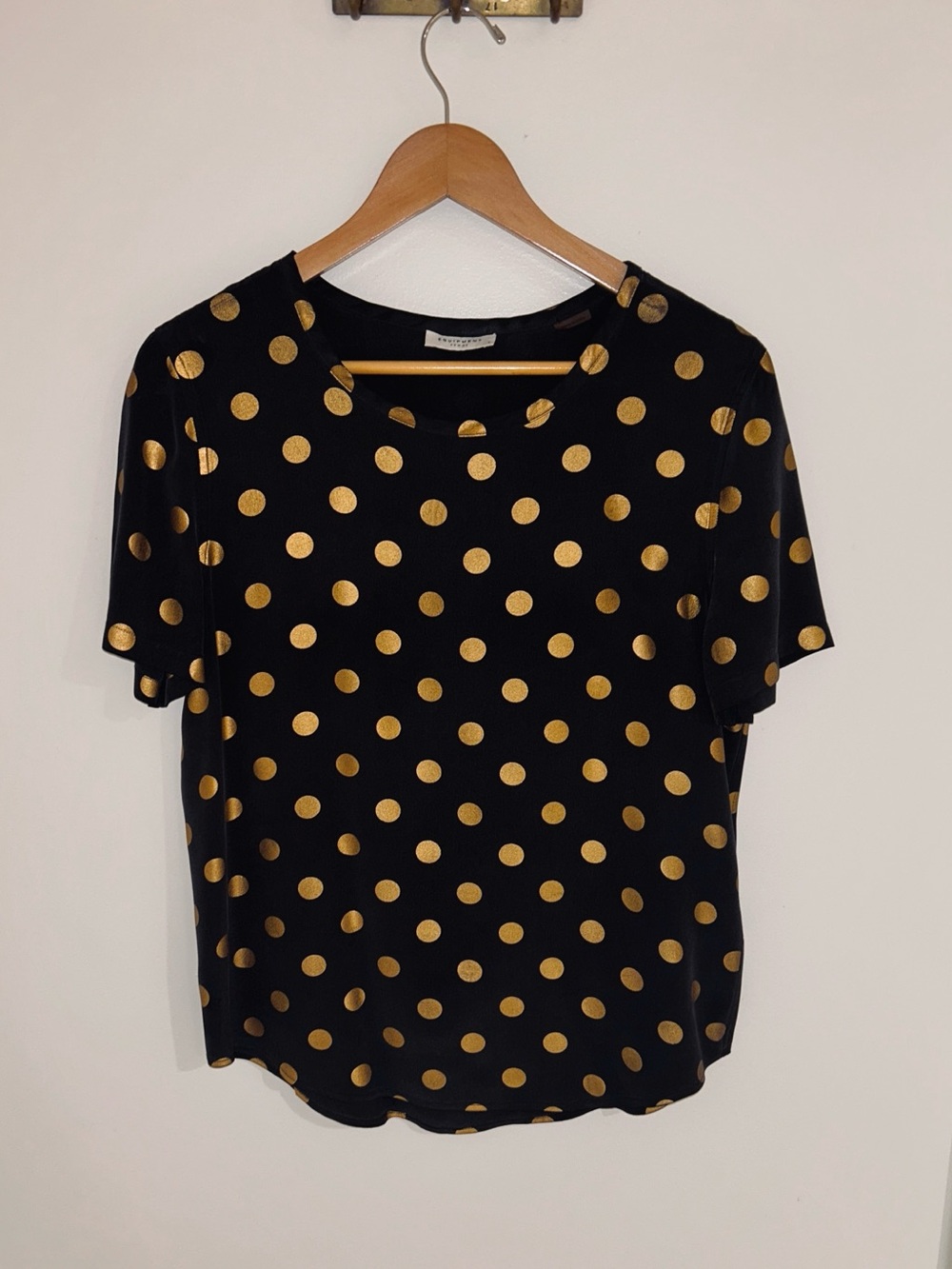Equipment Black Short Sleeve Top with Gold Polka Dots